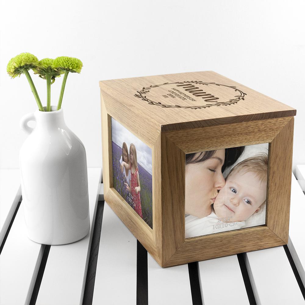 Personalised Wreath Mother's Day Midi Oak Photo Cube Keepsake Box Box Treat 