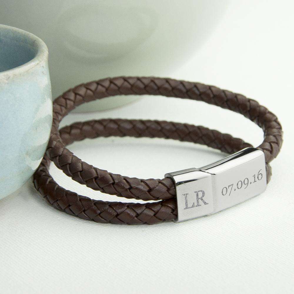 Personalised Men's Dual Leather Woven Bracelet In Umber Accessories Treat 