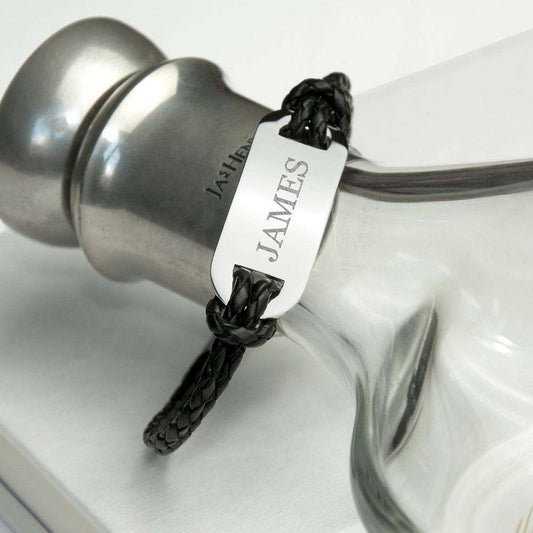 Personalised Men's Statement Leather Bracelet in Black Accessories Treat 